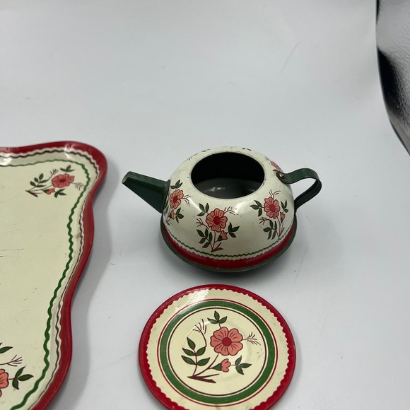 Antique 1930's Tin Ohio Art Co. Bryan Ohio Tea Set 14 Pieces Floral Pattern USA - Picture 7 of 11